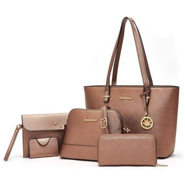 Imagem de Conjunto de Bolsas Femininas de Couro Sintético, 5 Unidades, Gold, SOPERWILLTON, Dourado escuro