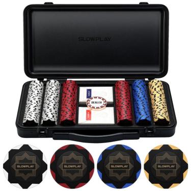 Imagem de Maleta de Poker com Detalhes em Branco e 300 Fichas sem Numeração para Texas Holdem 14g, SLOWPLAY, Preta
