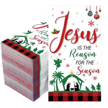 Imagem de BCCSNNM 100 guardanapos de Natal a granel descartáveis guardanapos de papel de presépio longo Jesus é a razão para a estação, guardanapos de convidados, toalhas de mão religiosas para jantar de Natal