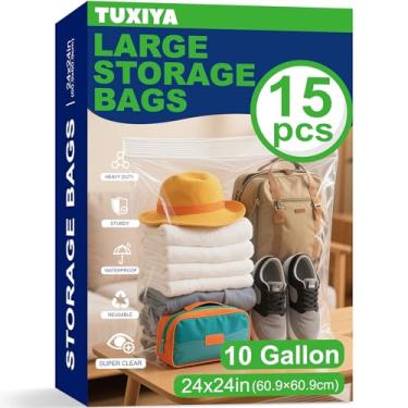 Imagem de TUXIYA Pacote com 15 sacos de plástico extragrandes com zíper de 10 galões para armazenamento de 60 x 61 cm, sacos de zíper transparentes extragrandes reutilizáveis para roupas, mudança de casa