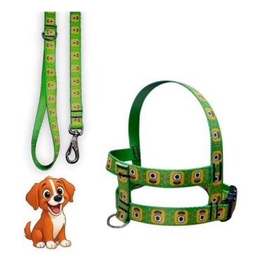 Imagem de Coleira Peitoral Lari Pet Com Guia Cães Seda Estampada N4, Verde