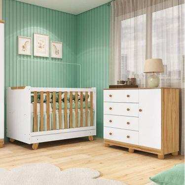 Imagem de Quarto de Bebê com Cômoda 1 Porta e Berço 4 em 1 Minicama 100% Mdf Mike Espresso Móveis Branco Brilho/Amêndoa