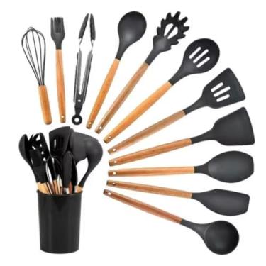 Imagem de Kit Jogo C/12 Peças Utensílios De Cozinha Colheres Espatula Silicone Cabo Madeira Decoração Livre