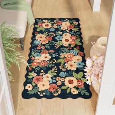 Imagem de DUKINO Tapetes laváveis de 2 x 4, tapete de entrada com estampa floral antiderrapante com pelo baixo macio, tapete leve para sala de estar, banheiro, quarto, cozinha, azul marinho