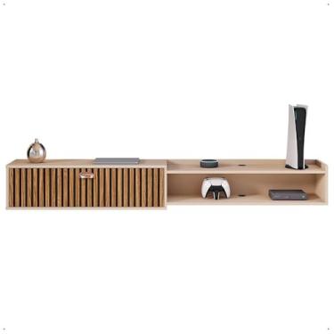 Imagem de Rack Bancada Suspensa 1.8 Estante Home Supremo King Tv 70 Pol. 1 Porta Nicho Organizador Sala Quarto - Fendi/Ripado