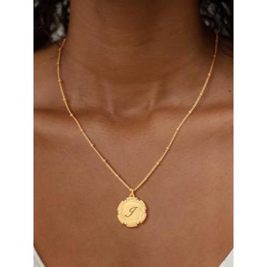 Imagem de Colar feminino banhado a ouro 14K com pingente de alfabeto banhado a ouro 14 K com letras e contas, Medium, Latão, Sem Pedra Preciosa