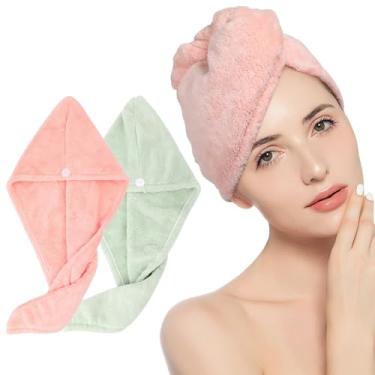 Imagem de Toalha de cabelo de microfibra para mulheres, pacote com 2 turbante de cabelo super absorvente de secagem rápida para secar cabelos cacheados longos e grossos após o banho, exercícios de academia ou