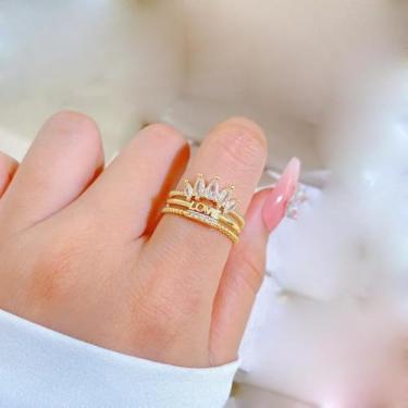 Imagem de Anel feminino com coroa de amor em camadas CZ banhado a ouro delicado cristal ajustável expansível aberto anel envoltório ajuste confortável Natal casamento aniversário feriado joias
