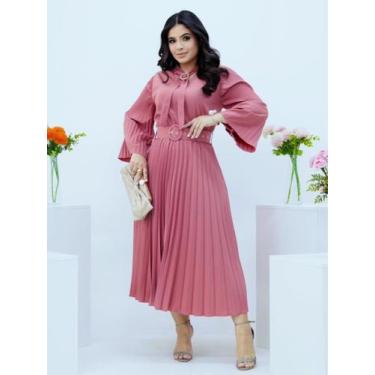 Imagem de Vestido Midi Plissado Manga Flare Gola com Amarração Evangélico Social