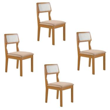 Imagem de Conjunto De 4 Cadeiras Agata Retrô Com Estofado Em Linho Bege Claro/cinamomo