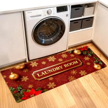 Imagem de ANNA QUEEN Tapete de lavanderia de Natal 50 x 129 cm – Tapete antiderrapante de gnomo vermelho para lavanderia, cozinha, entrada, decoração de férias (sala variada vermelho Natal)