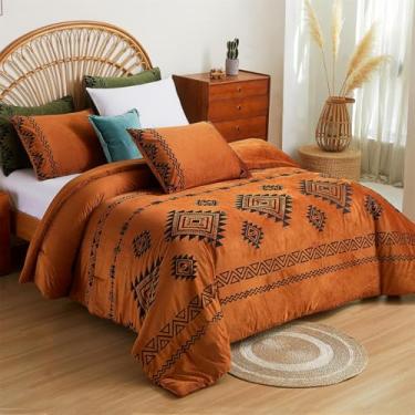 Imagem de Cmfshape Conjunto de edredom luxuoso de veludo, frente e verso, boêmio, bordado, laranja queimado, ultramacio, leve, conjunto de 3 peças, Queen 228,6 cm x 228,6 cm