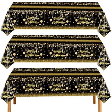 Imagem de BCCSNNM Pacote com 3 toalhas de mesa de ano novo, retangular, preta, dourada, toalha de mesa de plástico descartável, impermeável, para decoração de feliz ano novo, suprimentos 272 x 137 cm