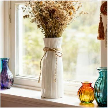 Imagem de Boho Vasos de cerâmica esmaltados brancos de 20 cm para flores com corda de juta natural, vaso de porcelana moderno para prateleira de mesa, decoração de casa (madeira)