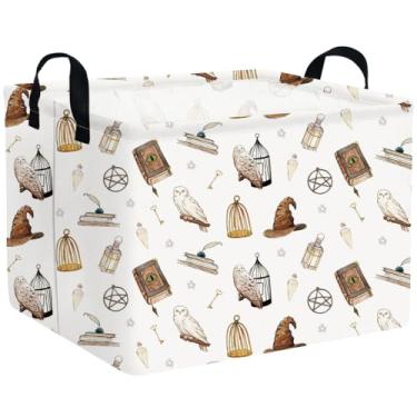 Imagem de FXOCSHE Cesta retangular de livros de coruja, cesta de decoração mágica, cestas de bebê dobráveis à prova d'água, caixa de livro de chapéu, caixa de armazenamento de corujas (coruja)