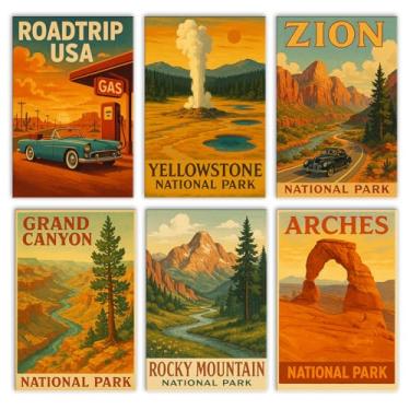 Imagem de Pacote com 6 kits de pintura por números do Parque Nacional da América para adultos iniciantes, pedra amarela, pintura de montanhas rochosas por número, Route 66 EUA, pinturas a óleo em tela, sem