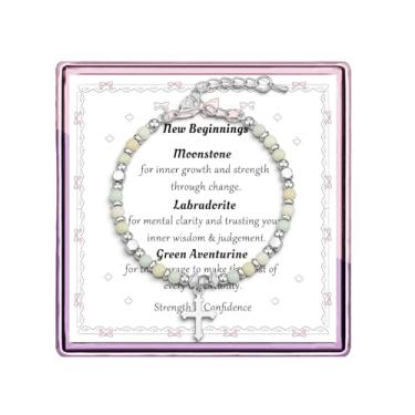Imagem de Pulseira de cruz de pedra da lua para mulheres, New Beginnings Good Luck Presentes de apoio emocional para colegas de trabalho irmã melhores amigas, pulseiras de contas de aço inoxidável de jaspe