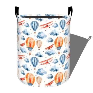 Imagem de Cesta de roupa suja caprichosa de balão de ar quente com alças, 50 x 39,9 cm, roupa dobrável, avião, cena de nuvem, organizador de cesto de roupa para dormitório, quarto de bebê, decoração de banheiro