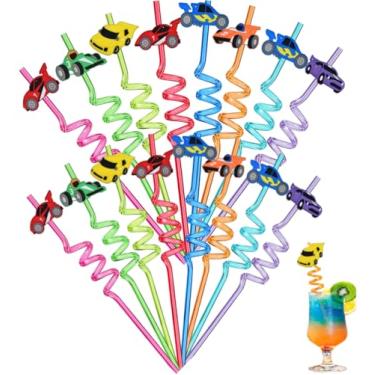 Imagem de 16 canudos de carro de corrida para crianças, canudos coloridos reutilizáveis BetterJonny de plástico para festas de aniversário de animais de fazenda para decorações de festa infantil