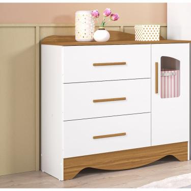 Imagem de Cômoda Infantil 1 Porta 3 Gavetas Lisi - Moveis Peroba Amendoa/branco