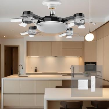 Imagem de Ababila Ventilador de luz com controle remoto, parafuso E27, 3 temperaturas de cor, 3 velocidades de vento, 4 cabeças, lâmpada de ventilador de teto regulável (preta, 4 cabeças)