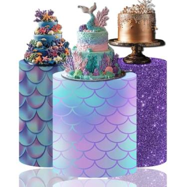 Imagem de MvoVitality Conjunto de capa de pedestal cilíndrica com tema de sereia – 3 tamanhos de decorações iridescentes de festa para aniversário, chá de bebê, tema subaquático, exibição de mesa de sobremesa