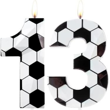 Imagem de Velas de aniversário de 13 anos, número 13 velas, vela de feliz aniversário, cera premium e design de diamante 3D, decoração de bolo com tema de futebol para homens, meninos, festa de aniversário, fã