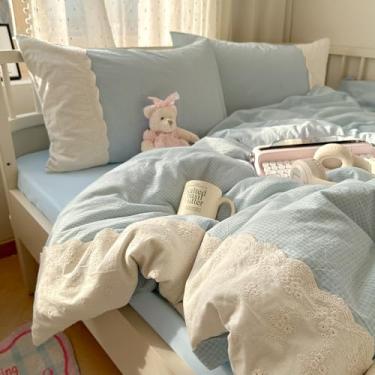 Imagem de Capa de edredom azul guingão King 3 peças xadrez azul com renda branca chique microfibra macia quadriculada capa de edredom com 2 fronhas conjunto de cama xadrez xadrez respirável