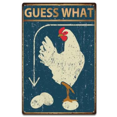 Imagem de SUPERDANT Chicken and Eggs Metal Signs Guess What Tin Sign Funny Hen Metal Wall Plaques Vintage Country Animals Wall Art Poster for Farm Chicken Coop Garden Kitchen Retro Decoration 30 x 20 cm