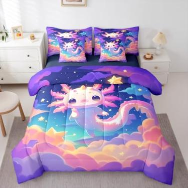 Imagem de Erosebridal Axolotl Conjunto de edredom solteiro para meninas com lençol fofo Axolotl, 7 peças, desenho animado, salamandra, céu estrelado, estrelas, nuvens, rosa e azul