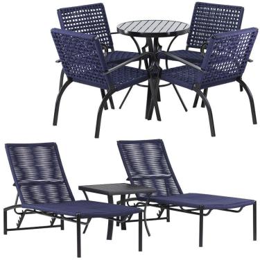 Imagem de 2 Espreguiçadeiras E Cadeiras E Mesa Piscina Jardim Trama Azul