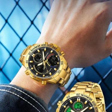 Imagem de Relógio Militar Masculino De Luxo, Aço Inoxidável 6269 Sanda Dourado