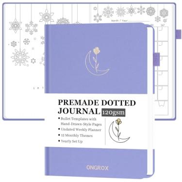 Imagem de ONGROX Caderno estilo Bullet pré-fabricado com páginas desenhadas à mão, diário pontilhado com modelos de bala exclusivos pré-fabricados, agenda sem data com páginas semanais e temas mensais, 12 meses