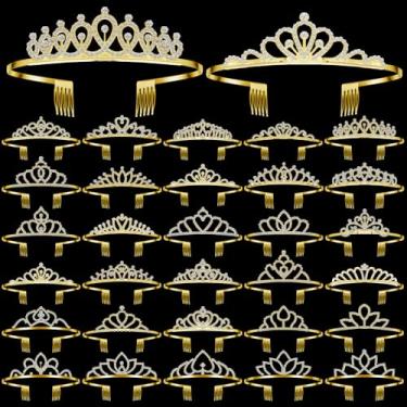 Imagem de Lyrow 30 peças de coroas de tiara para mulheres, lembrancinhas de festa de dia de galentinas, coroas de cristal com pente, tiaras de princesa para aniversário, casamento, Halloween, Natal (ouro)