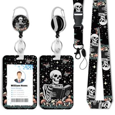 Imagem de Porta-crachá de identificação de leitura de borboleta esqueleto com cordão breakaway e carretel retrátil resistente - chaveiro mosquetão giratório de 360° para mulheres, estudantes, professores