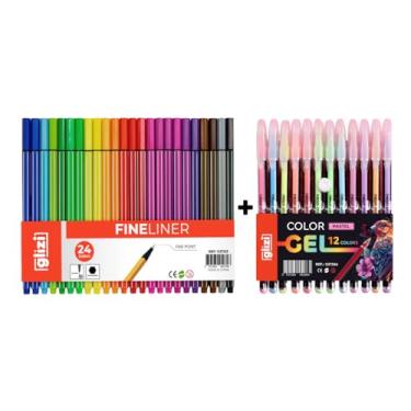 Imagem de Kit Glizi 36 Canetas, 24 Fineliners Ponta Fina 0.4mm + 12 Canetas ColorGel, Tons Pastel ou Neon (24 Cores (Color) + 12 Gel Pastel)