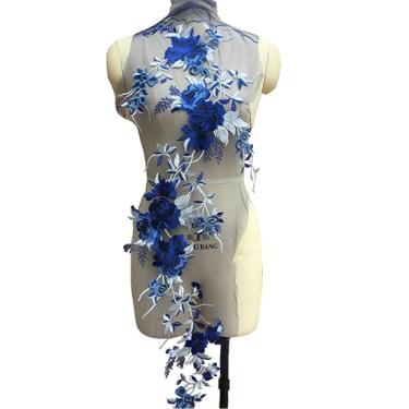 Imagem de Aplique de renda floral de tamanho grande, bordado, faça você mesmo, vestido de noiva, roupas de tecido, suprimentos de costura, artesanato para vestido de casamento (azul royal)