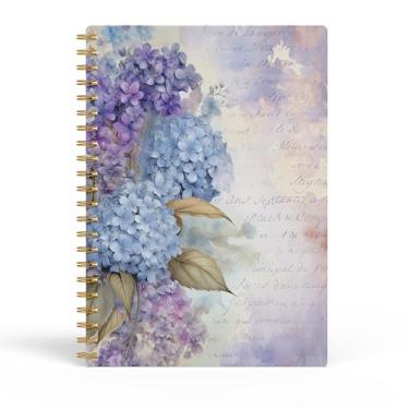 Imagem de Evcprz Caderno espiral de hortênsia vintage, caderno estético floral azul e roxo, diário romântico francês cottagecore, presente elegante para mulheres e meninas, diário de 14 x 21 cm