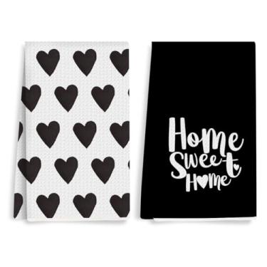 Imagem de XFN 2 peças de toalhas de cozinha fofas de coração, amor, casa, doce lar, dia dos namorados, decoração de dia dos namorados para casais, toalhas de chá reutilizáveis absorventes para limpeza de