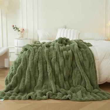 Imagem de MEGO Manta fofa de pele de coelho falsa, cobertor felpudo e listrado largo para cama, sofá, cadeira, quarto, sala de estar, cobertor peludo para crianças, meninas e adultos, 127 x 152 cm, verde sálvia