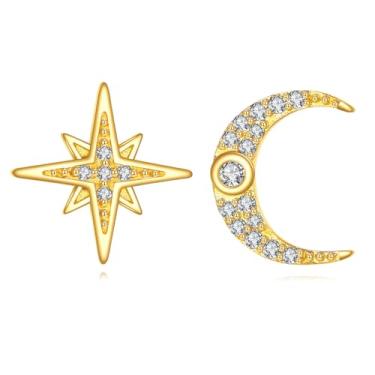 Imagem de Brincos de lua e estrela do norte em ouro 14K para mulheres, brinco de lua de ouro real 14K com brincos de zircônia cúbica, joias de aniversário de Natal, presentes para noiva, mãe, esposa, ela