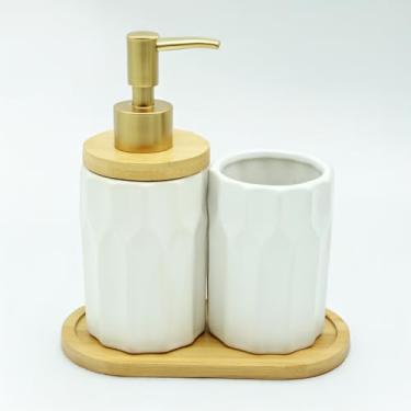 Imagem de Kit Banheiro Lavabo Luxo multifuncional com dispenser de sabonete líquido, porta-escovas e bandeja de bambu. (Branco)