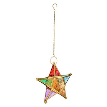 Imagem de Phefop Lanterna Estrela Marroquina, Castiçal de Vidro Colorido, Suporte Vintage de Ferro para Decoração de Jardim Doméstico (Ouro)