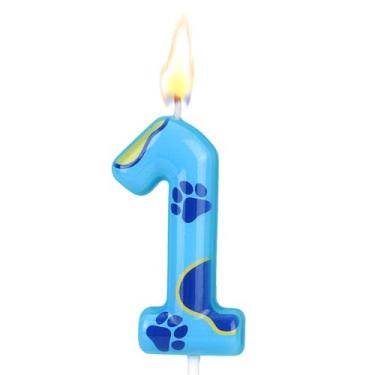 Imagem de Vela Aniversário com Tema Pata de Cão Azul, Fofa Estampado Pata Cão Vela com Número para Bolo Aniversário Decoração Topo Bolo para Menino e Menina (Número 1)