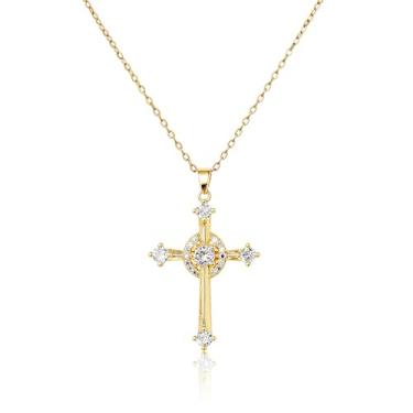 Imagem de Colar feminino delicado banhado a ouro 14 k com pingente de cruz de diamante não manchado moderno Dia de Ação de Graças Cristão Fé Religiosa Joias Presentes, Latão, Zircônia cúbica