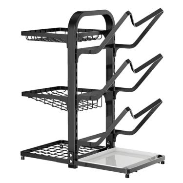 Imagem de Rack de Tampas Tempero e Panela Aço Carbono 2 Lados 6 Andares Altura Ajustável Organizador Multinível com Prato Gotejamento Água para Armário Despensa Pratos