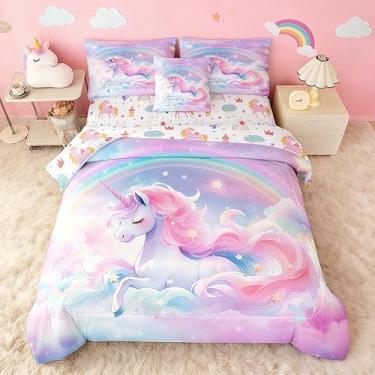 Imagem de MWMWMW Jogo de cama casal de unicórnio para meninas, conjunto de cama kawaii, unicórnio e arco-íris, rosa para crianças, com edredom, fronha, lençol e capa de travesseiro