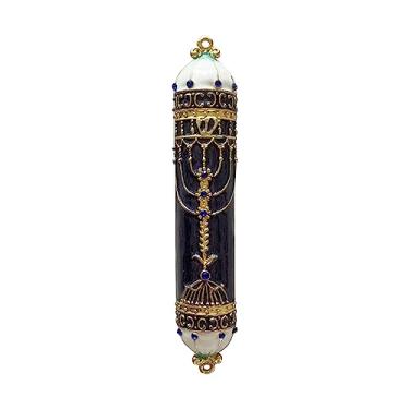 Imagem de Pasiir Mezuzah, requintada mezuzá esmaltada preta e dourada com detalhes de cristal azul