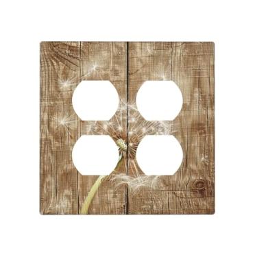 Imagem de BHGAHD Capas decorativas de tomada com placa de madeira marrom vintage com design de dente-de-leão 2 gangs, receptáculo duplo duplo para interruptor de luz, placa de interruptor para decoração de casa
