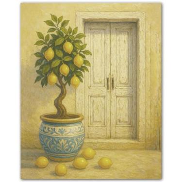 Imagem de Cena de porta de limoeiro mediterrâneo - Impressão de pôster 20 x 25 cm - Arte de parede de cozinha de limão - Decoração mediterrânea - Pôster azul e amarelo - Arte de parede italiana - Arte sem